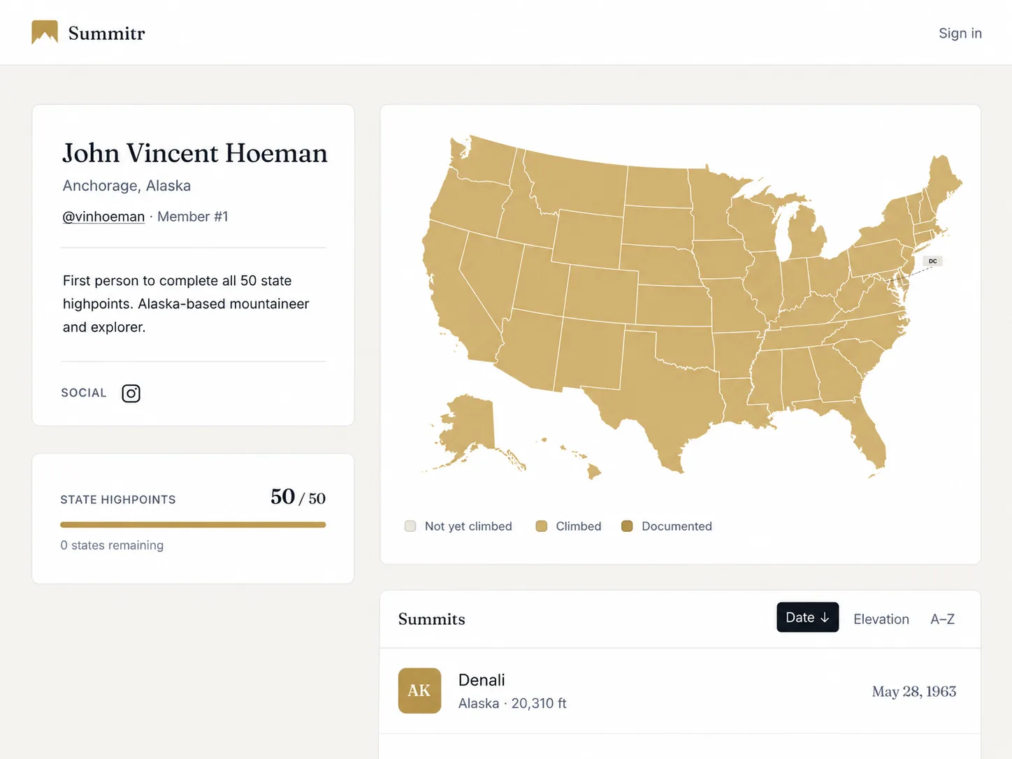 Summitr public profile showing state highpoint progress, map, and summit logs